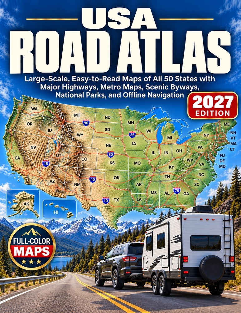 The USA Road Atlas 2027: Large-Scale, Easy-to-Read Maps of All 50 States with Major Highways, Metro Maps, Scenic Byways, National Parks, and Offline N cover