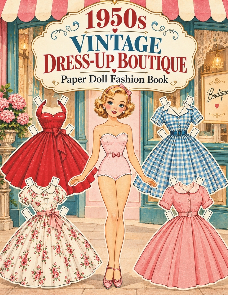 1950s Vintage Dress-Up Boutique Paper Doll: Fashion Book with Vintage Dresses, Outfits and Mix-and-Match Styles cover