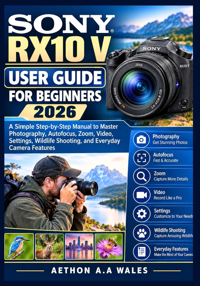 Sony Rx10 V User Guide for Beginners 2026: A Simple Step-by-Step Manual to Master Photography, Autofocus, Zoom, Video, Settings, Wildlife Shooting, an cover