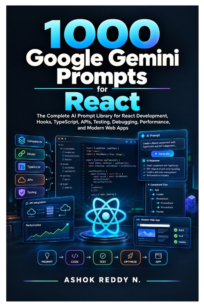 1000 Google Gemini Prompts for React: The Complete AI Prompt Library for React Development, Hooks, TypeScript, APIs, Testing, Debugging, Performance, cover