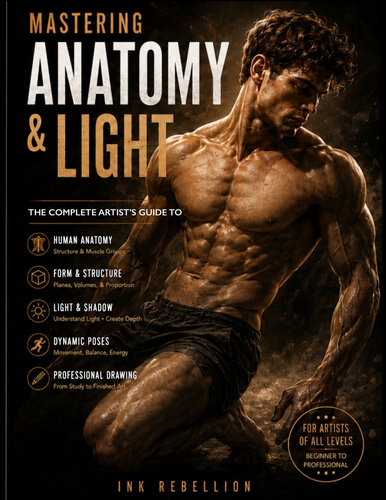 Mastering Anatomy & Light for Artists: The Complete Guide to Male Figure Drawing, Anatomy, Form, Shading, and Realistic Rendering cover