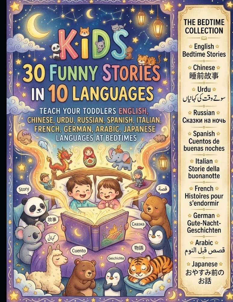 Kids 30 Funny Stories in 10 Languages. Let Them Learn: Teach Your Toddlers English, Chinese, Urdu, Russian, Spanish, Italian, French, German, Arabic, cover