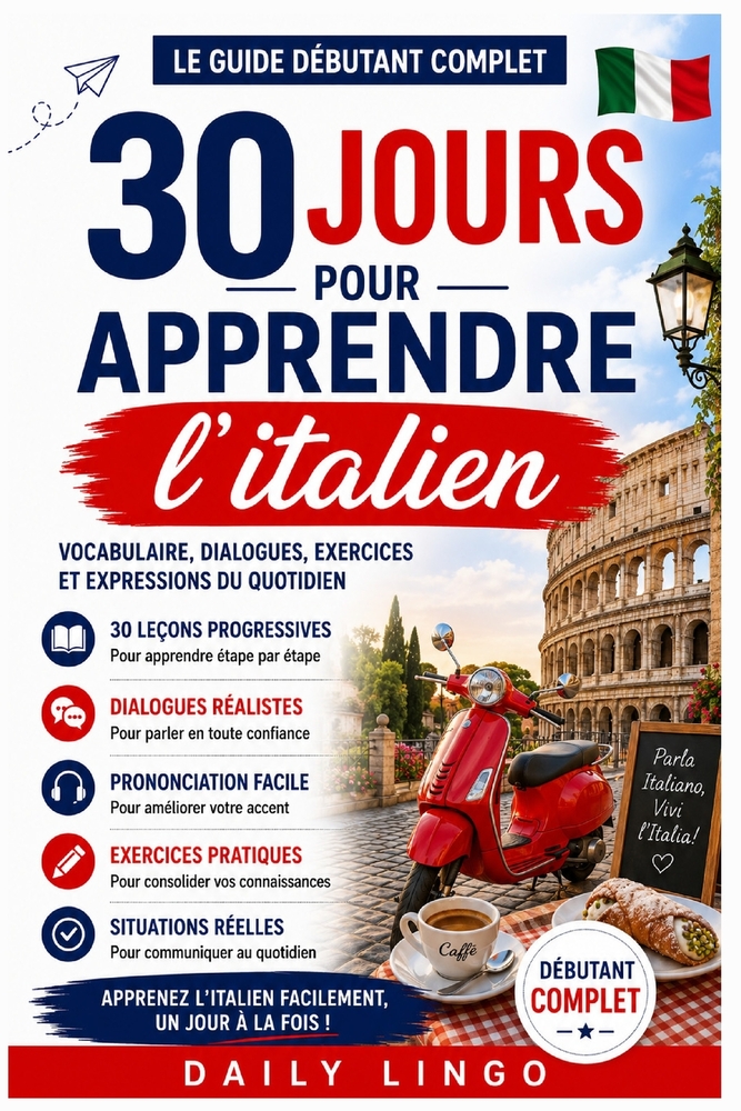 30 Jours pour Apprendre l'Italien: Le Guide Débutant Complet pour Apprendre l'Italien Rapidement: Vocabulaire, Dialogues, et Expressions du Quotidien cover