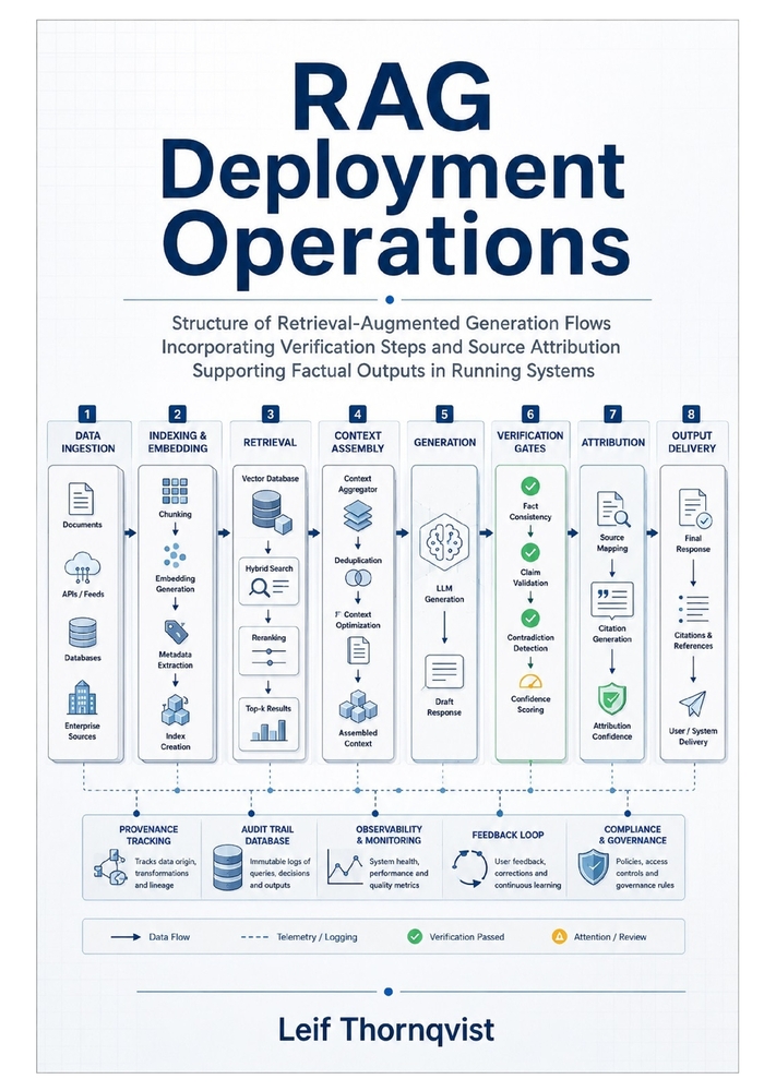 RAG Deployment Operations: Structure of retrieval augmented generation flows incorporating verification steps and source attribution supporting factua cover
