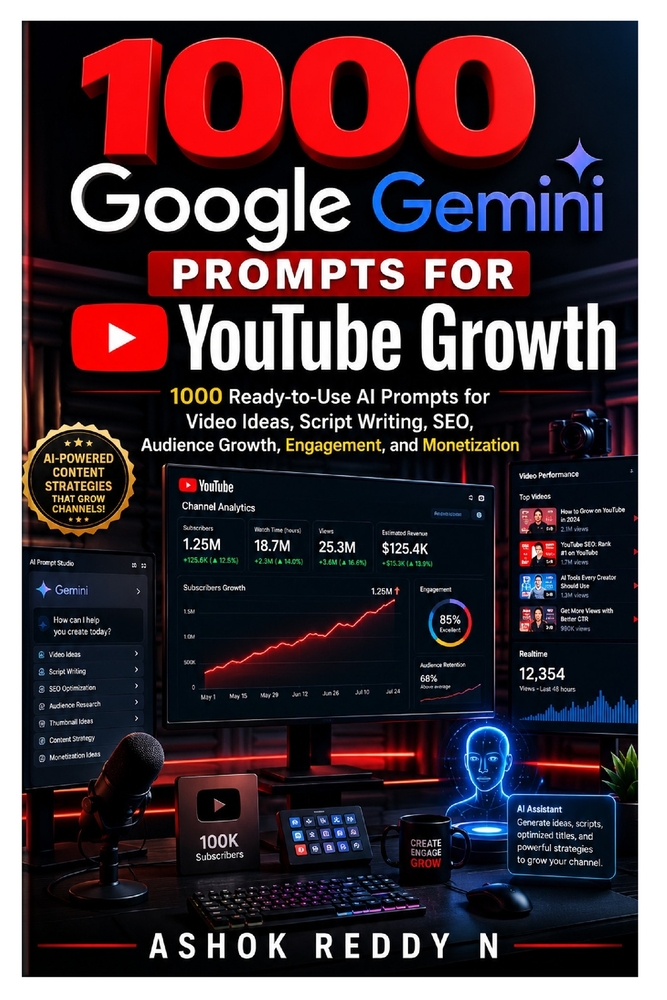 1000 Google Gemini Prompts for YouTube Growth: 1000 Ready-to-Use AI Prompts for Video Ideas, Script Writing, SEO, Audience Growth, Engagement, and Mon cover