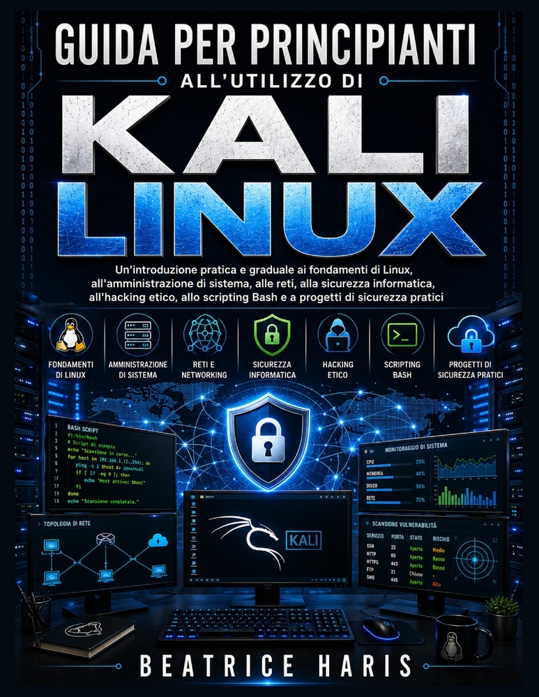 Guida per principianti all'utilizzo di Kali Linux: Un'introduzione pratica e graduale ai fondamenti di Linux, all'amministrazione di sistema, alle ret cover