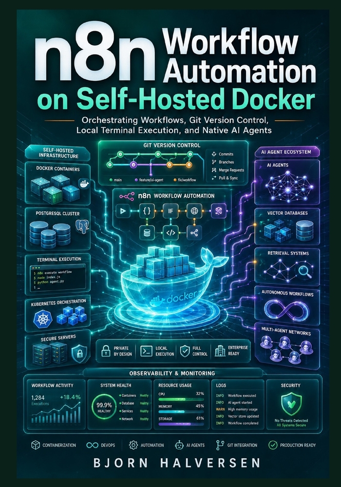 n8n Workflow Automation on Self-Hosted Docker: Orchestrating Workflows, Git Version Control, Local Terminal Execution, and Native AI Agents cover