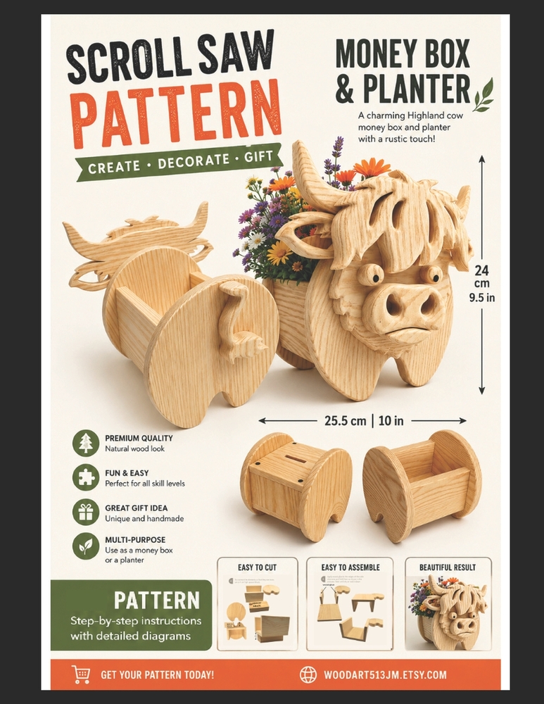Highland Cow Money Box & Planter: Scroll Saw Pattern cover