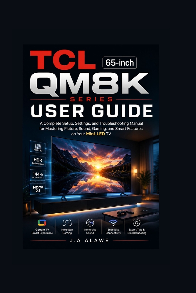 TCL 65-inch QM8K Series User Guide: A Complete Setup, Settings, and Troubleshooting Manual for Mastering Picture, Sound, Gaming, and Smart Features on cover