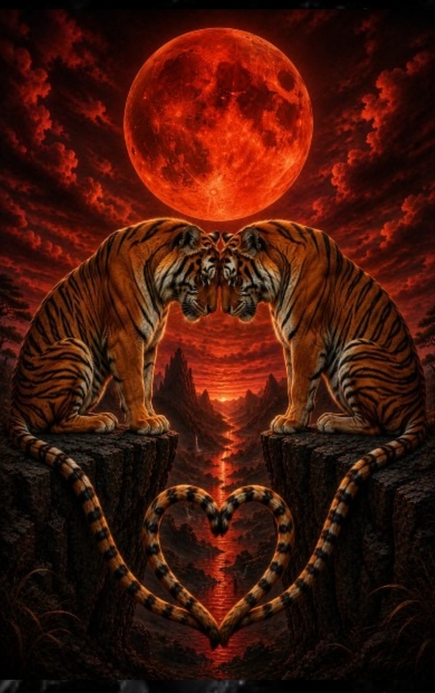 Where Two Ember Hearts Burn Beneath the Blood Moon: A Tiger Lovers' Blank Journal cover