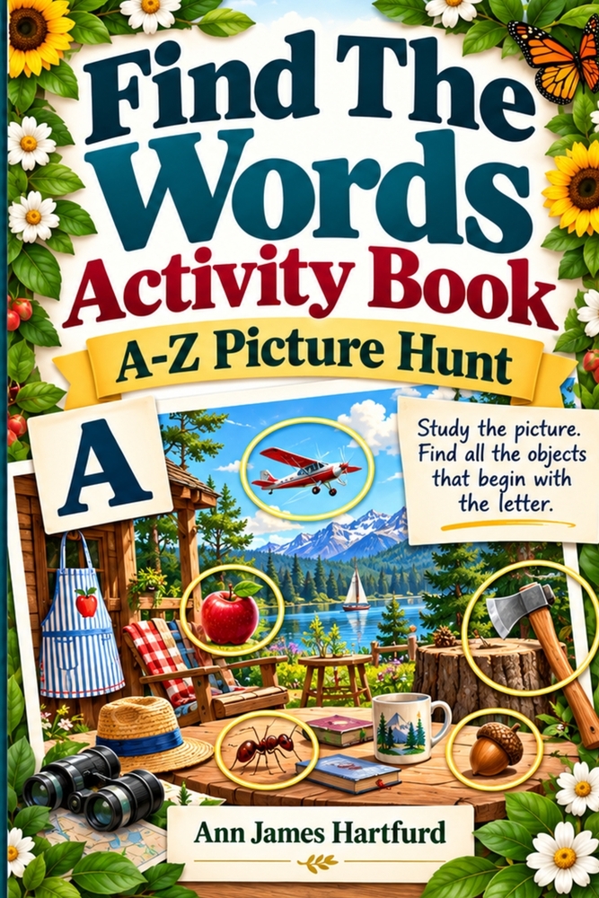 Find the Words: 26 Fun Alphabet Hidden Object Puzzles with 260 Things to Find in an Easy and Relaxing A-Z Picture Search Activity Book for Adults cover