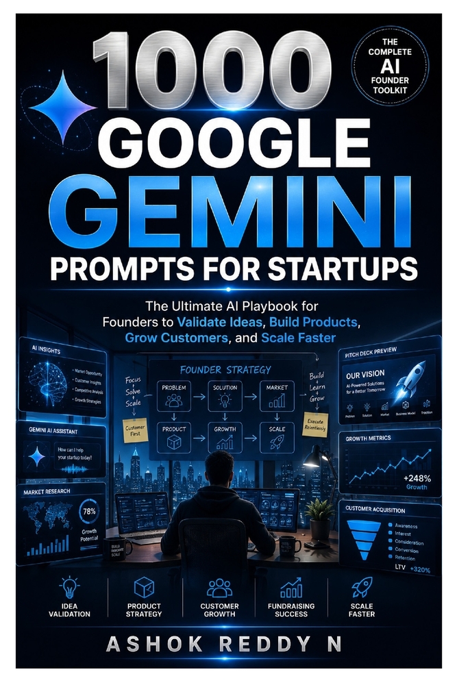 1000 Google Gemini Prompts for Startups: The Ultimate AI Playbook for Founders to Validate Ideas, Build Products, Grow Customers, and Scale Faster cover