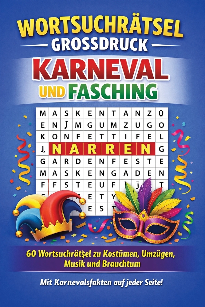 Wortsuchrätsel Grossdruck - Karneval und Fasching: 60 Wortsuchrätsel in grosser Schrift zu Kostümen, Umzügen, Musik und Brauchtum - mit Karnevalsfakte cover
