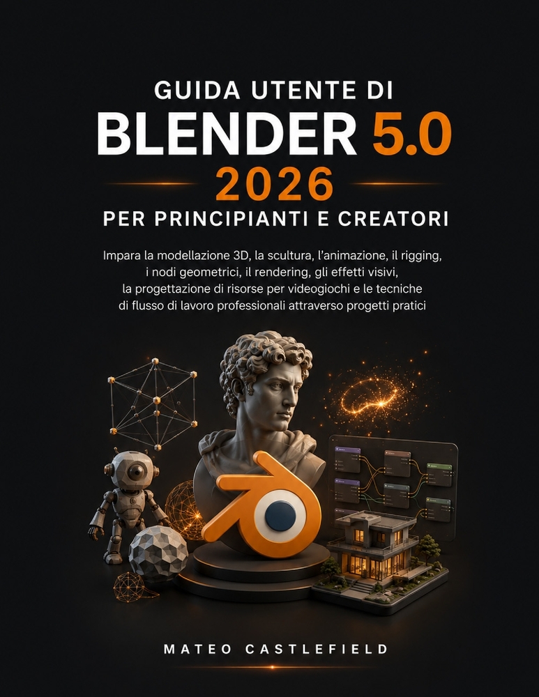 Guida Utente Di Blender 5.0 2026 Per Principianti E Creatori: Impara la modellazione 3D, la scultura, l'animazione, il rigging, i nodi geometrici, il cover