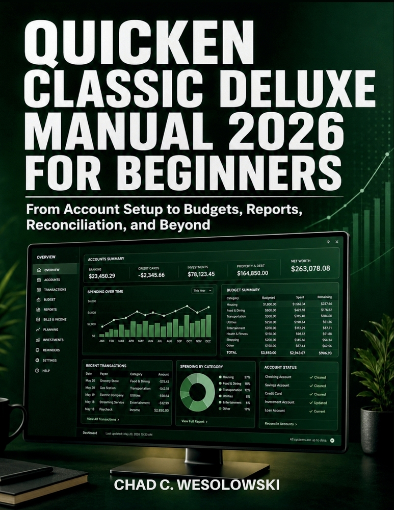Quicken Classic Deluxe Manual 2026 for Beginners: From Account Setup to Budgets, Reports, Reconciliation, and Beyond cover