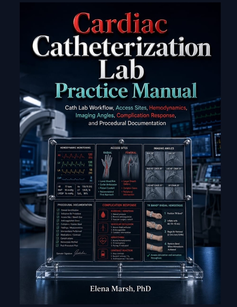 Cardiac Catheterization Lab Practice Manual: Cath lab workflow, access sites, hemodynamics, imaging angles, complication response, and procedural docu cover