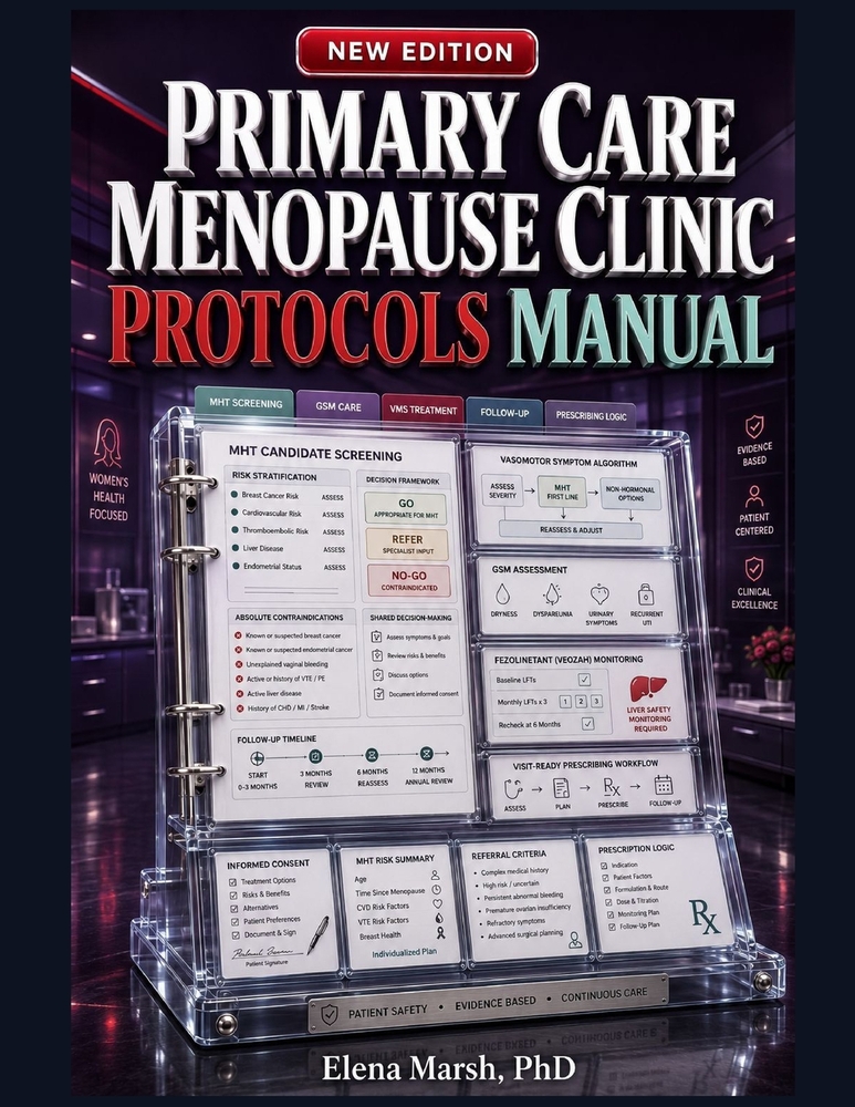 Primary Care Menopause Clinic Protocols Manual: Mht Screening, GSM Care, Vasomotor Treatment, Contraindications, Follow-Up Workflows, and Visit-Ready cover
