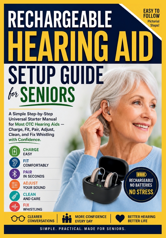 Rechargeable Hearing Aid Setup Guide for Seniors: A Simple Step-by-Step Universal Starter Manual for Most OTC Hearing Aids - Charge, Fit, Pair, Adjust cover
