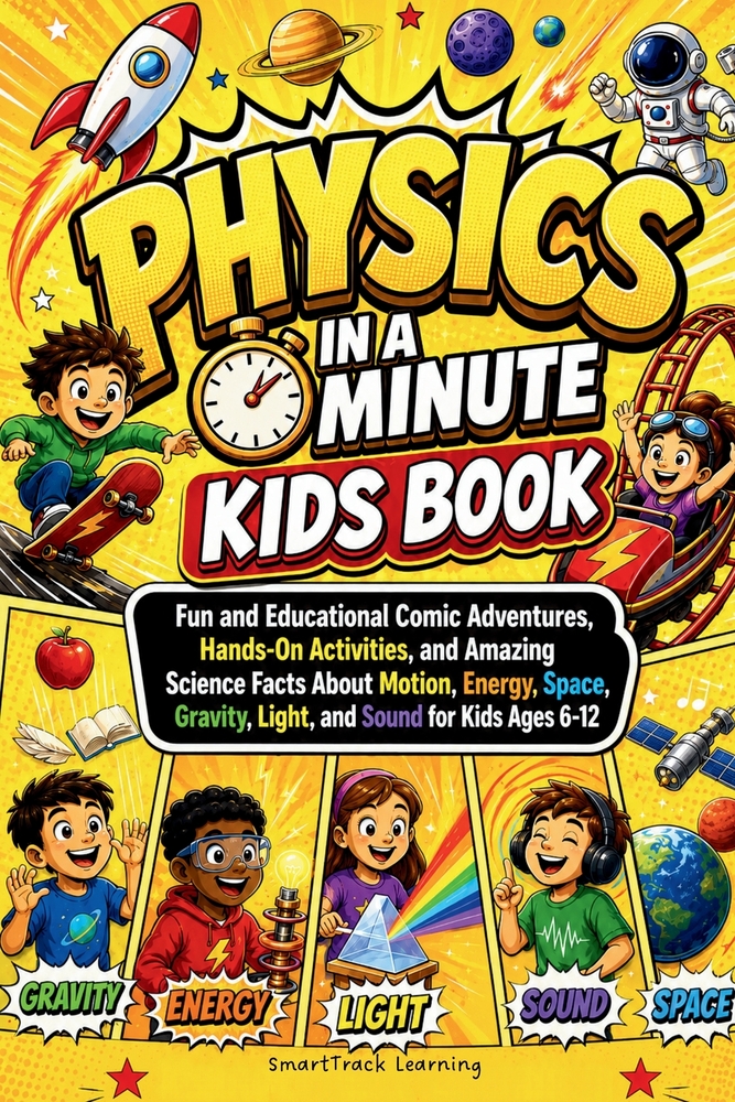 Physics in a Minute Kids Book: Fun and Educational Comic Adventures, Hands-On Activities, and Amazing Science Facts About Motion, Energy, Space, Gravi cover
