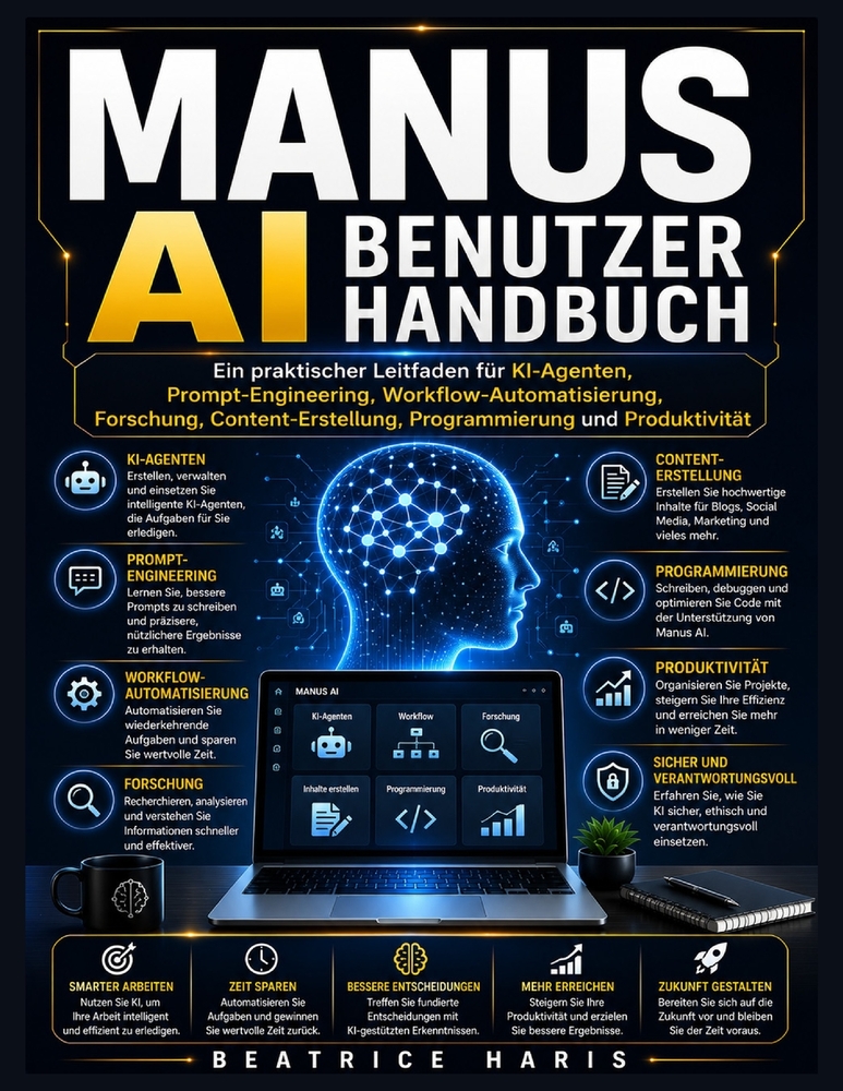 Manus AI Benutzerhandbuch: Ein praktischer Leitfaden für KI-Agenten, Prompt-Engineering, Workflow-Automatisierung, Forschung, Content-Erstellung, Prog cover