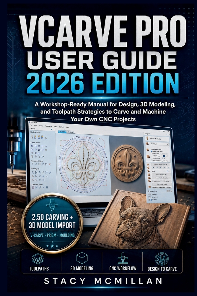 Vcarve Pro User Guide - 2026 Edition: A Workshop-Ready Manual for Design, 3D Modeling, and Toolpath Strategies to Carve and Machine Your Own CNC Proje cover
