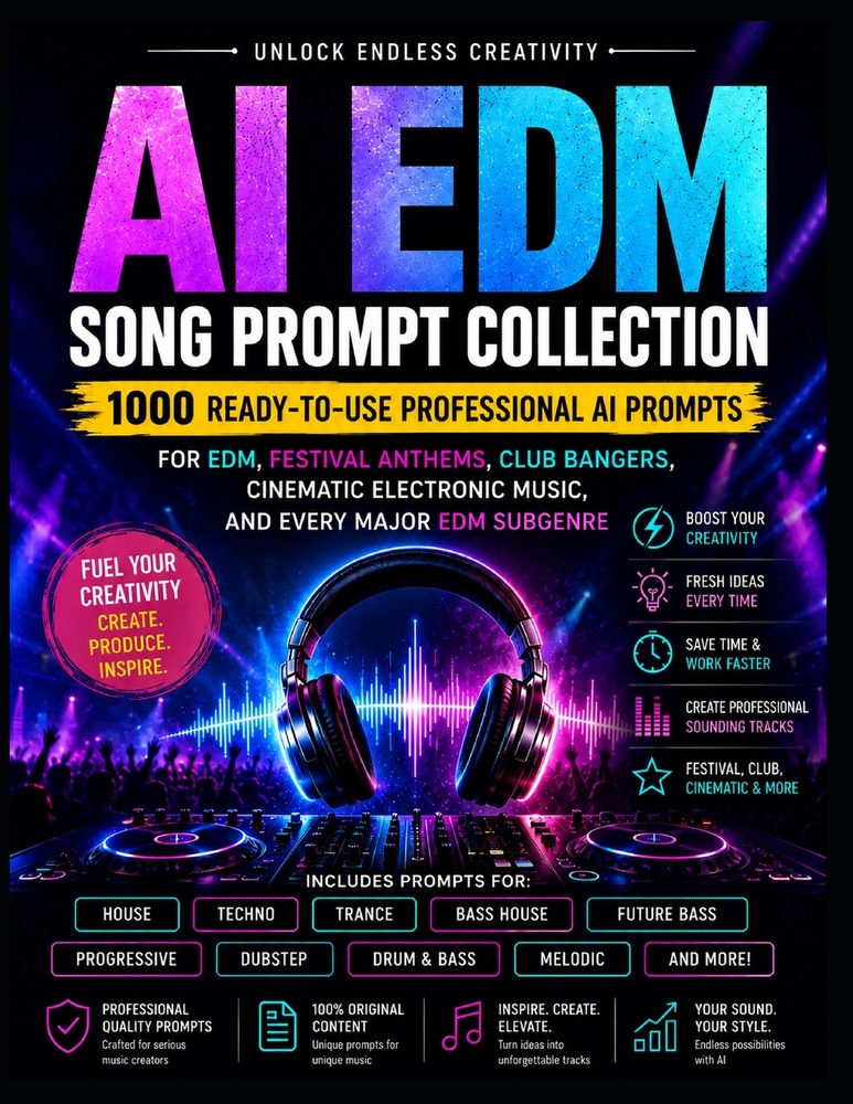 AI EDM Song Prompt Collection: 1000 Ready-to-Use Professional AI Prompts for EDM, Festival Anthems, Club Bangers, Cinematic Electronic Music, and Ever cover