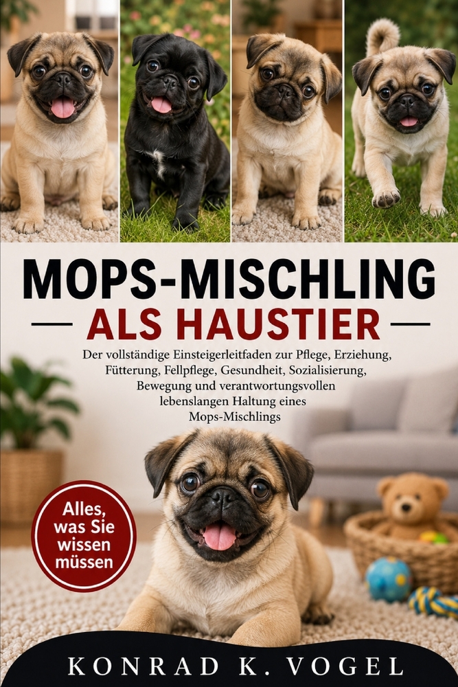 Mops-Mischling ALS Haustier: Der vollständige Einsteigerleitfaden zur Pflege, Erziehung, Fütterung, Fellpflege, Gesundheit, Sozialisierung, Bewegung u cover