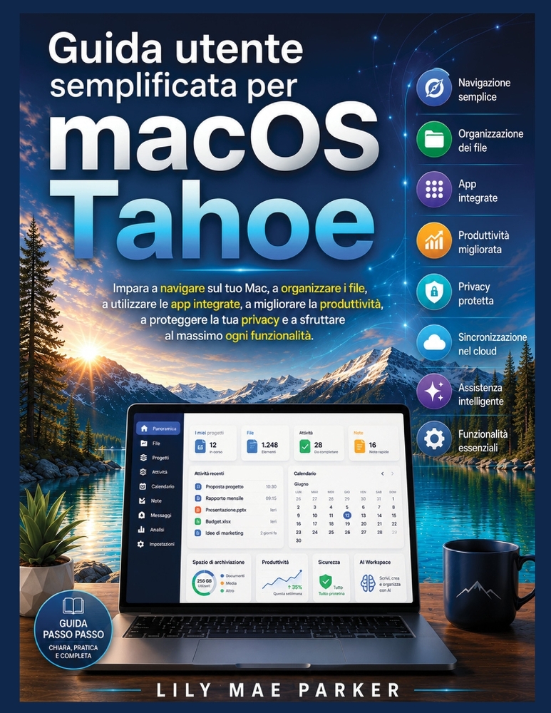 Guida utente semplificata per macOS Tahoe: Impara a navigare sul tuo Mac, a organizzare i file, a utilizzare le app integrate, a migliorare la produtt cover