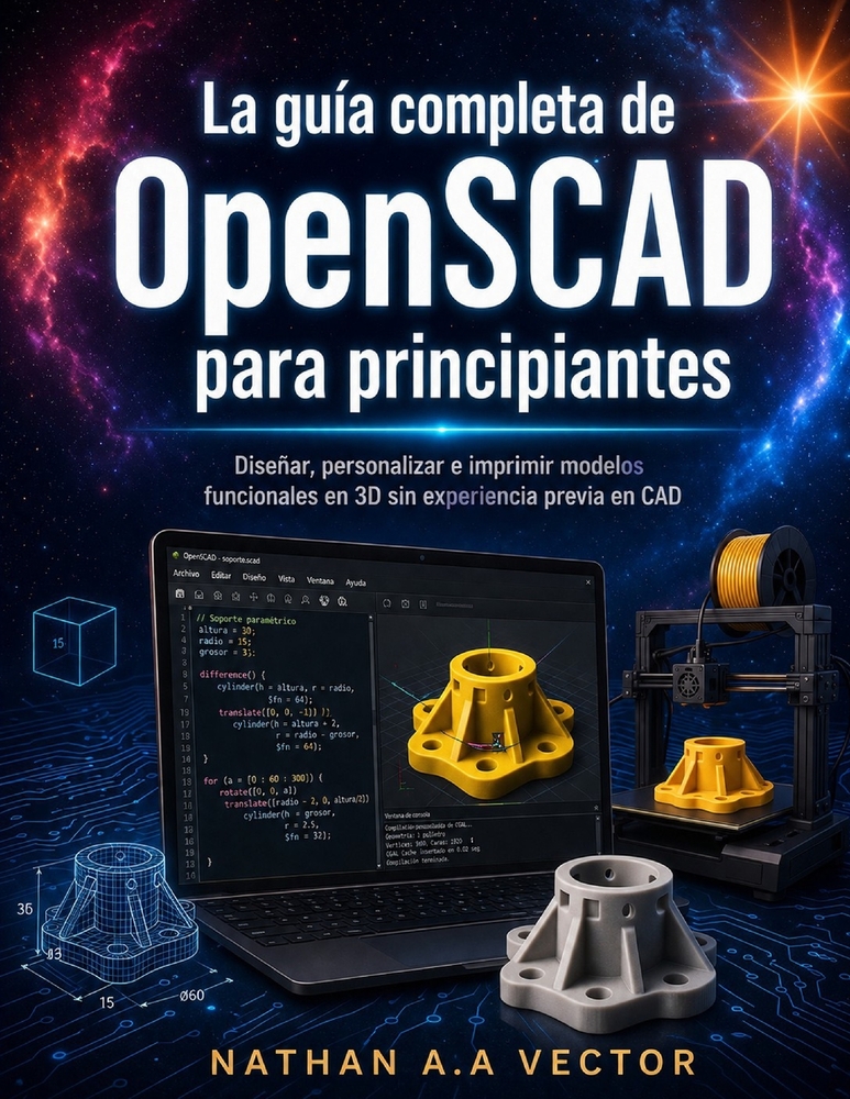 La guía completa de OpenSCAD para principiantes: Diseñar, personalizar e imprimir modelos funcionales en 3D sin experiencia previa en CAD cover