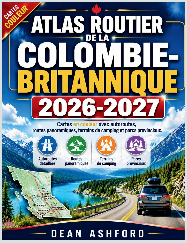 Atlas routier de la Colombie-Britannique 2026-2027: Cartes en couleur avec autoroutes, routes panoramiques, terrains de camping et parcs provinciaux cover