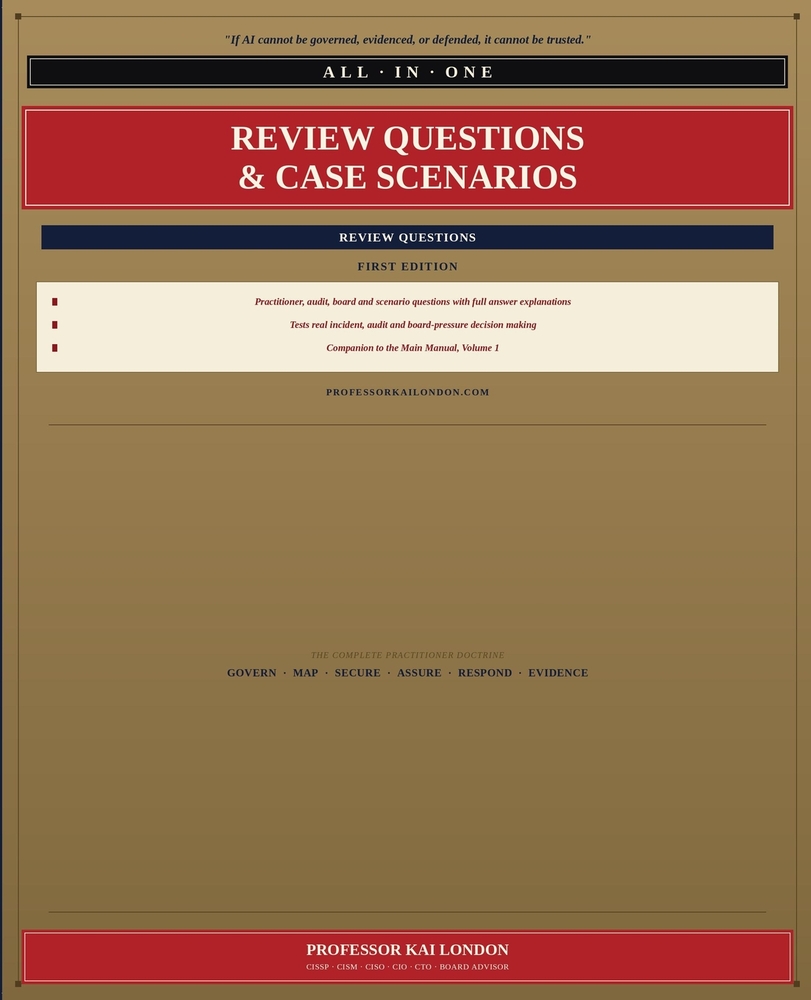 AI Security & Governance Review Questions & Case Scenarios: Practitioner, Audit, Board, and Scenario Questions with Answers and Explanations cover