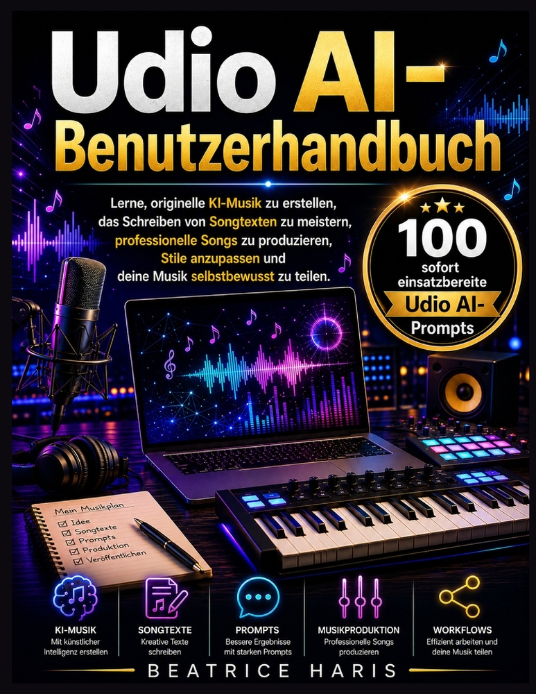 Udio AI-Benutzerhandbuch: Lerne, originelle KI-Musik zu erstellen, das Schreiben von Songtexten zu meistern, professionelle Songs zu produzieren, Stil cover