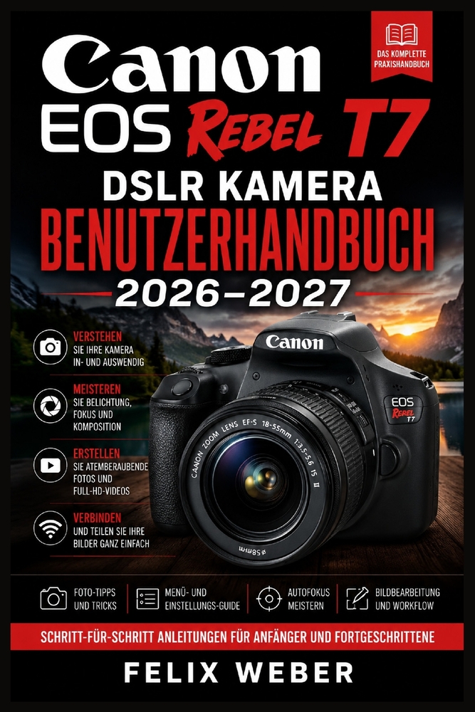 Canon EOS Rebel T7 DSLR Kamera Benutzerhandbuch 2026-2027: Schritt-für-Schritt-Anleitung zu Einstellungen, Menüs und Techniken für perfekte Bilder cover
