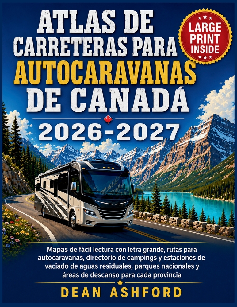 Atlas de carreteras para autocaravanas de Canadá 2026-2027: Mapas de fácil lectura con letra grande, rutas para autocaravanas, directorio de campings cover