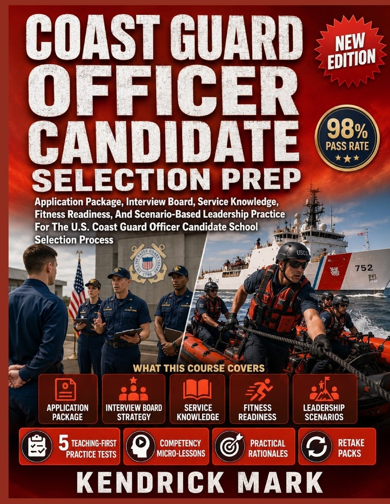 Coast Guard Officer Candidate Selection Prep: Application Package, Interview Board, Service Knowledge, Fitness Readiness, And Scenario-Based Leadershi cover