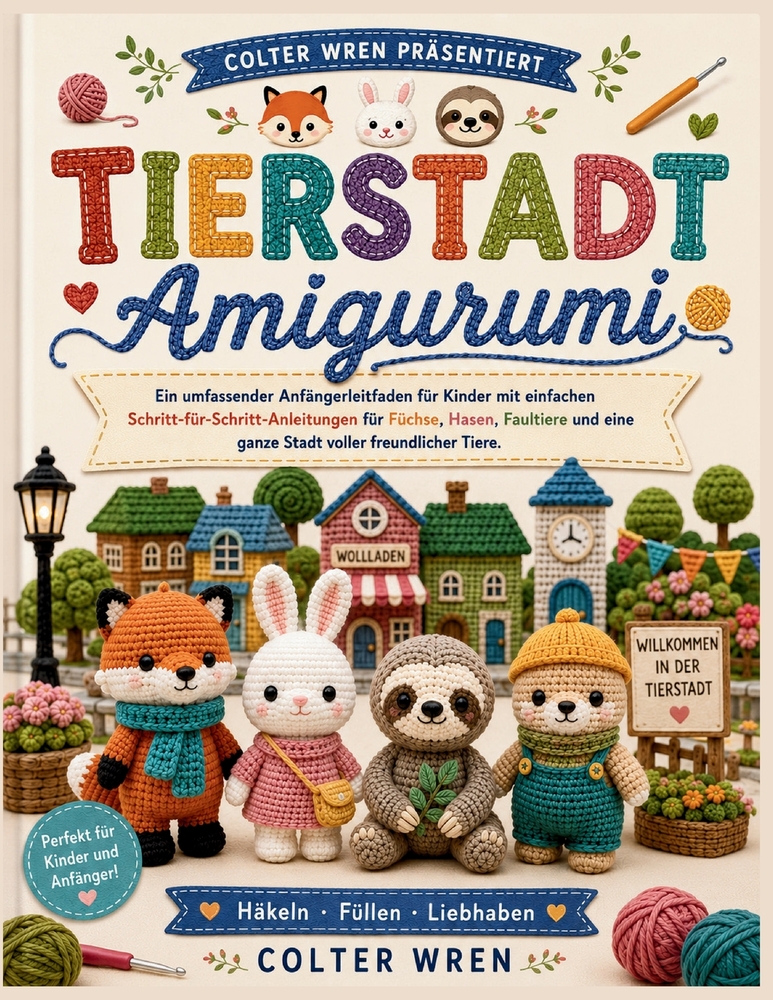 TIERSTADT Amigurumi: Ein umfassender Anfängerleitfaden für Kinder mit einfachen Schritt-für-Schritt-Anleitungen für Füchse, Hasen, Faultiere und eine cover