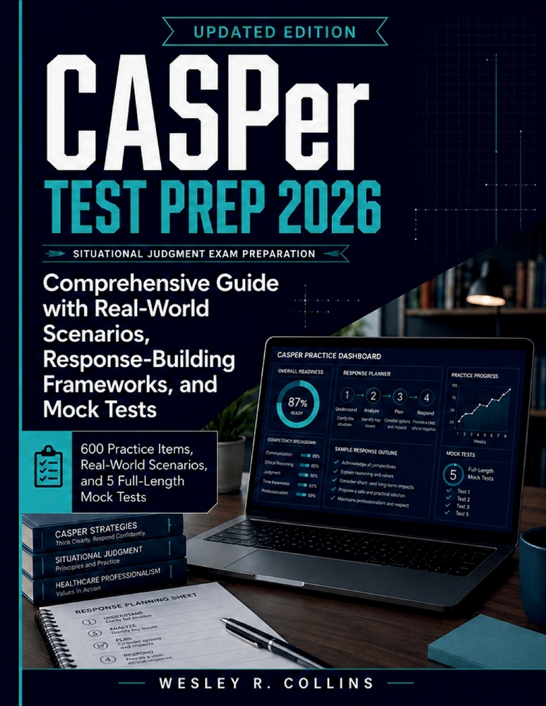 CASper Test Prep 2026: Comprehensive Guide with Real-World Scenarios, Response-Building Frameworks, and Mock Tests cover