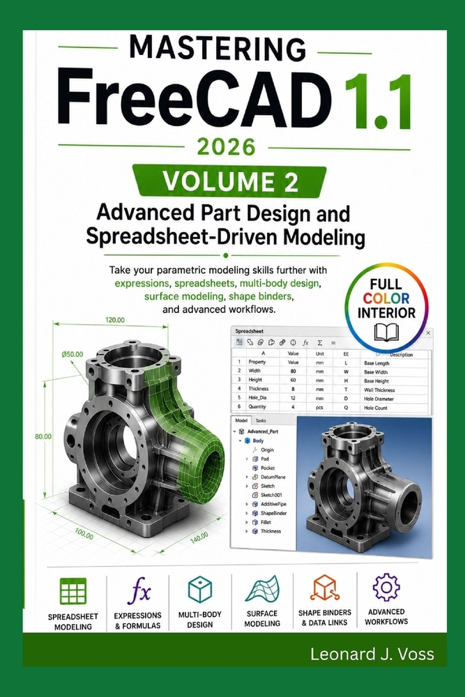 Mastering FreeCAD 1.1 (2026)- Volume 2: Advanced Part Design and Spreadsheet-Driven Modeling cover