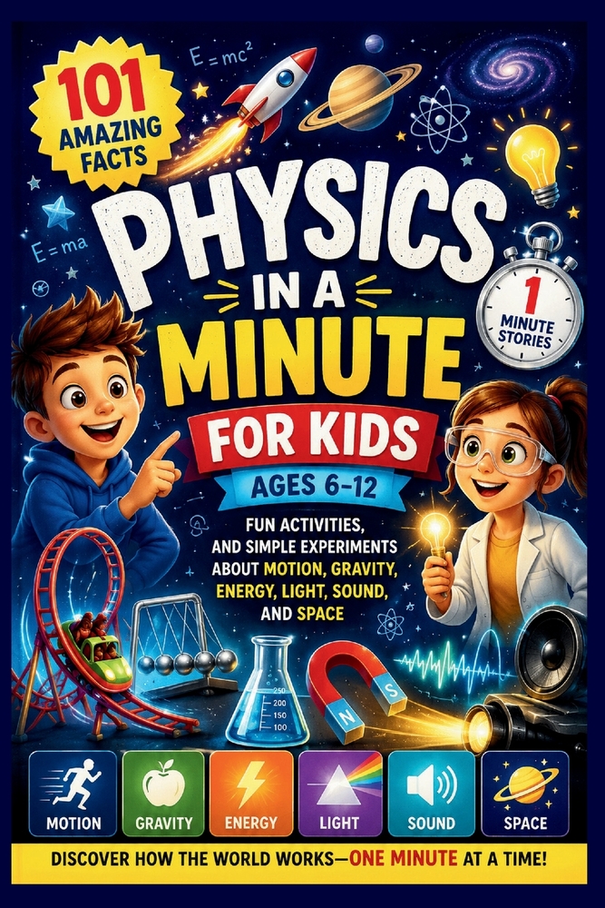 Physics in a Minute for Kids: Fun Activities and Simple Experiments about Motion, Gravity, Energy, Space, Light and Sound for Kids Ages 6-12 cover