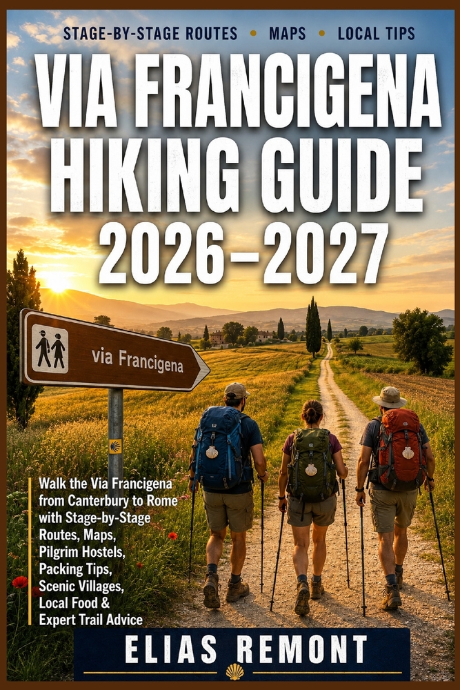 Via Francigena Hiking Guide 2026-2027: Walk the Via Francigena from Canterbury to Rome with Stage-by-Stage Routes, Maps, Pilgrim Hostels, Packing Tips cover