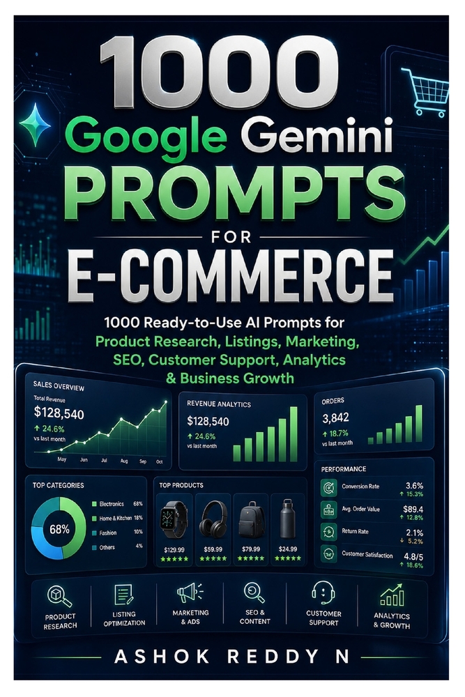 1000 Google Gemini Prompts for E-Commerce: 1000 Ready-to-Use AI Prompts for Product Research, Listings, Marketing, SEO, Customer Support, Analytics & cover