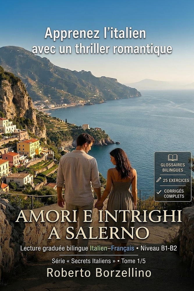 Apprenez l'italien avec un thriller romantique - B1/B2: Amori e intrighi a Salerno: Un vrai roman + glossaires, 25 exercices avec corrigés et écriture cover