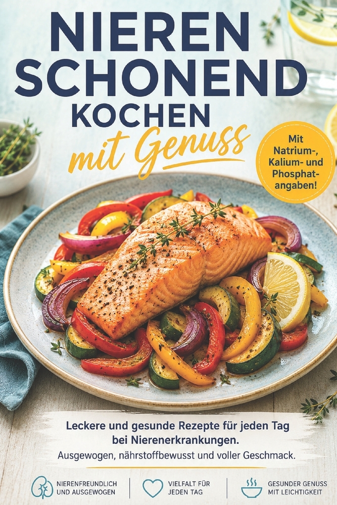 Nierenschonend kochen mit Genuss: Nährstoffbasierte Rezepte für die Stadien 1 bis 3 zur Entlastung der Nieren im Alltag - 66 Rezepte mit Natrium-, Kal cover