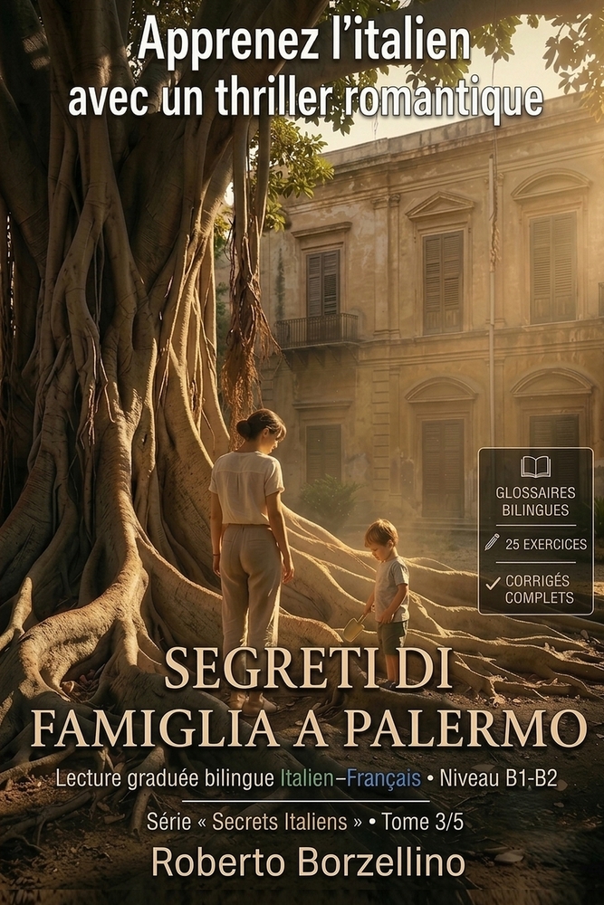Apprenez l'italien avec un thriller romantique - B1/B2 - Segreti di famiglia a Palermo: Un vrai roman + glossaires, 25 exercices avec corrigés et écri cover