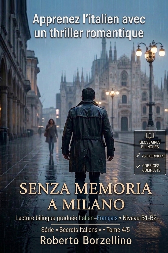 Apprenez l'italien avec un thriller romantique - B1/B2 - Senza memoria a Milano: Un vrai roman + glossaires, 25 exercices avec corrigés et écriture cr cover