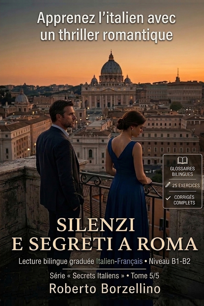 Apprenez l'italien avec un thriller romantique - B1/B2 - Silenzi e segreti a Roma: Un vrai roman + glossaires, 25 exercices avec corrigés et écriture cover