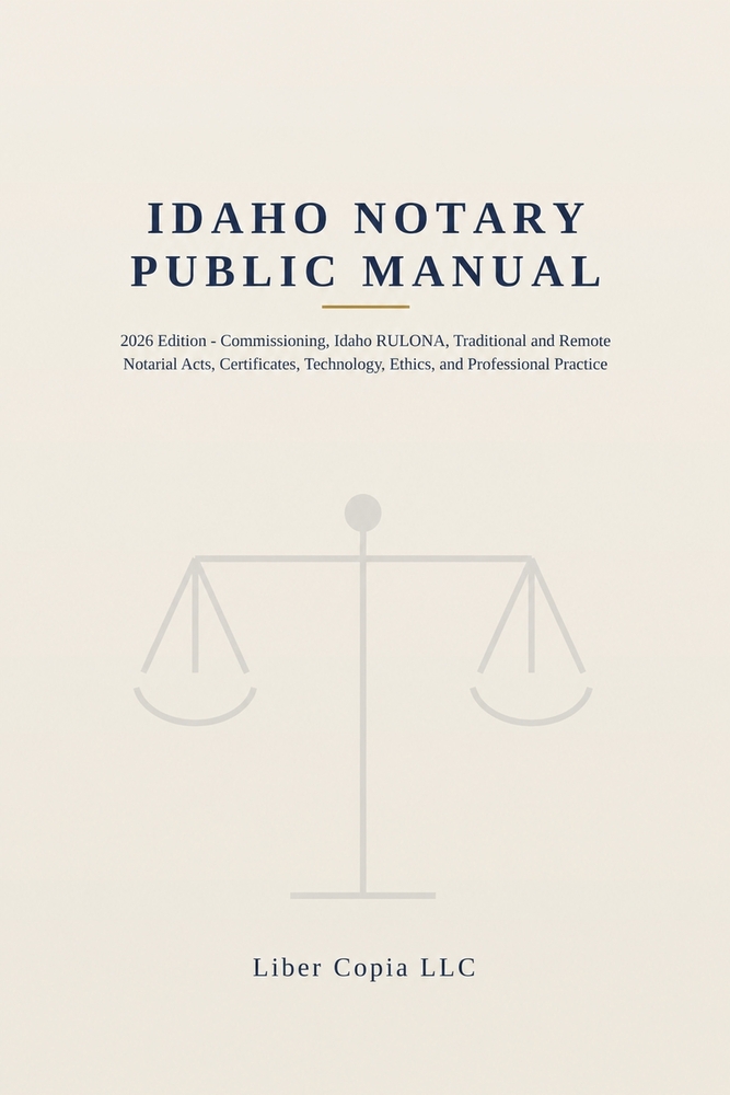 Idaho Notary Public Manual: 2026 Edition - Commissioning, Idaho RULONA, Traditional and Remote Notarial Acts, Certificates, Technology, Ethics, and Pr cover