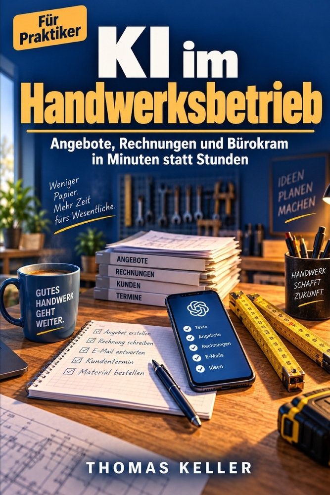 KI im Handwerksbetrieb: Angebote, Rechnungen, Kundenbriefe und Bürokram in Minuten statt Stunden - der Praxisleitfaden für Chefs kleiner Betriebe cover
