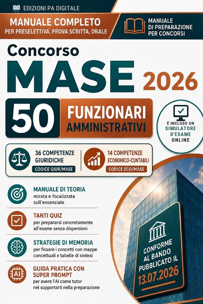 Concorso RIPAM MASE 2026 50 Funzionari Amministrativi 36 GIUR/MASE e 14 ECO/MASE: Quiz, Schede di Ripasso, Strategie di memoria e Simulatore Online cover