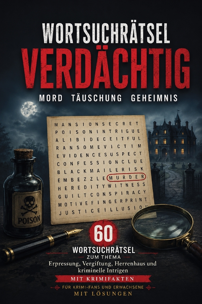 Wortsuchrätsel - Verdächtig! Mord, Täuschung und Geheimnis: 60 Wortsuchrätsel zum Thema Erpressung, Vergiftung, Herrenhaus und kriminelle Intrigen - m cover